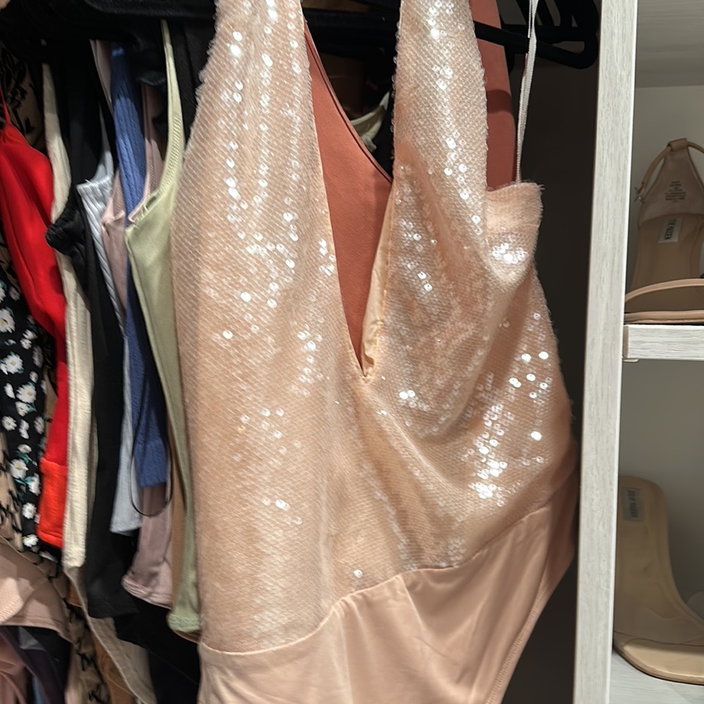 Revolve NBD Blush Sequin V-Neck Bodysuit